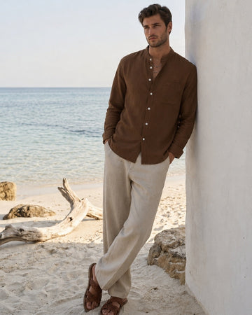 Camisa Masculina de Cuello Mao – Algodón Texturado y Calce Relajado