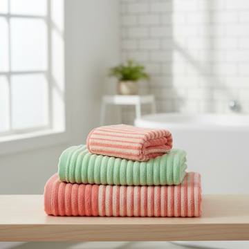 Kit de Toalhas Listradas Absorventes em Fleece Coral para o Rosto